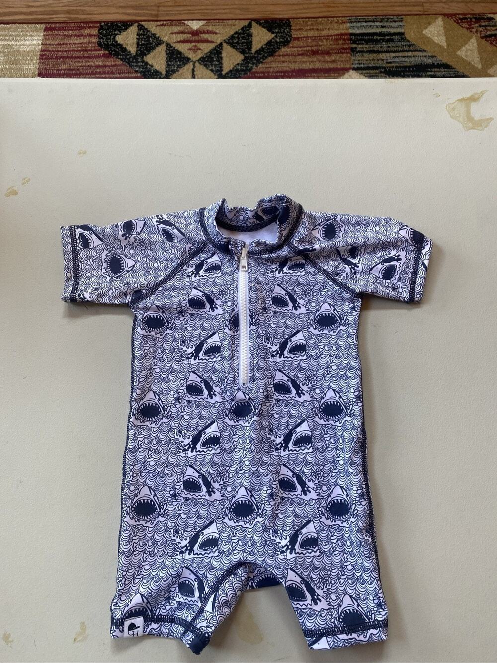George Hats Kids Shark Print Rash Guard One Piece Swimsuit Navy White 3-4T USA